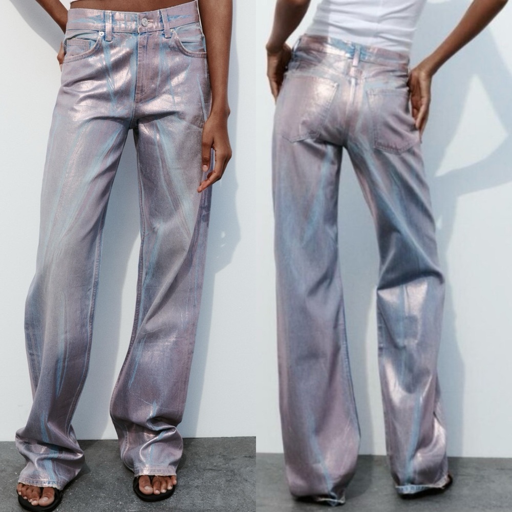 Zara MID WAIST FULL LENGTH TRF FOIL SILVER METALLIC WAXED JEANS SIZE 6 NEW